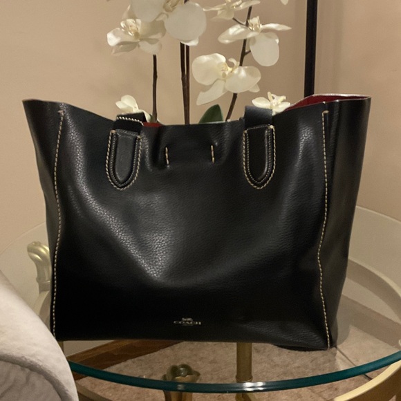 Coach Black Leather Tote with Red Interior - Picture 1 of 4